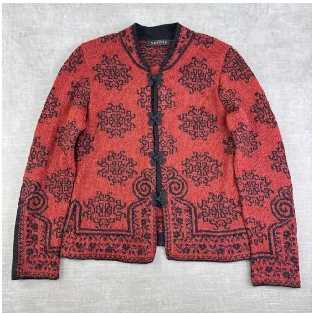 Dakota Cardigan Sweater Women's M Red Black 100% Alpaca Handmade Lagenlook